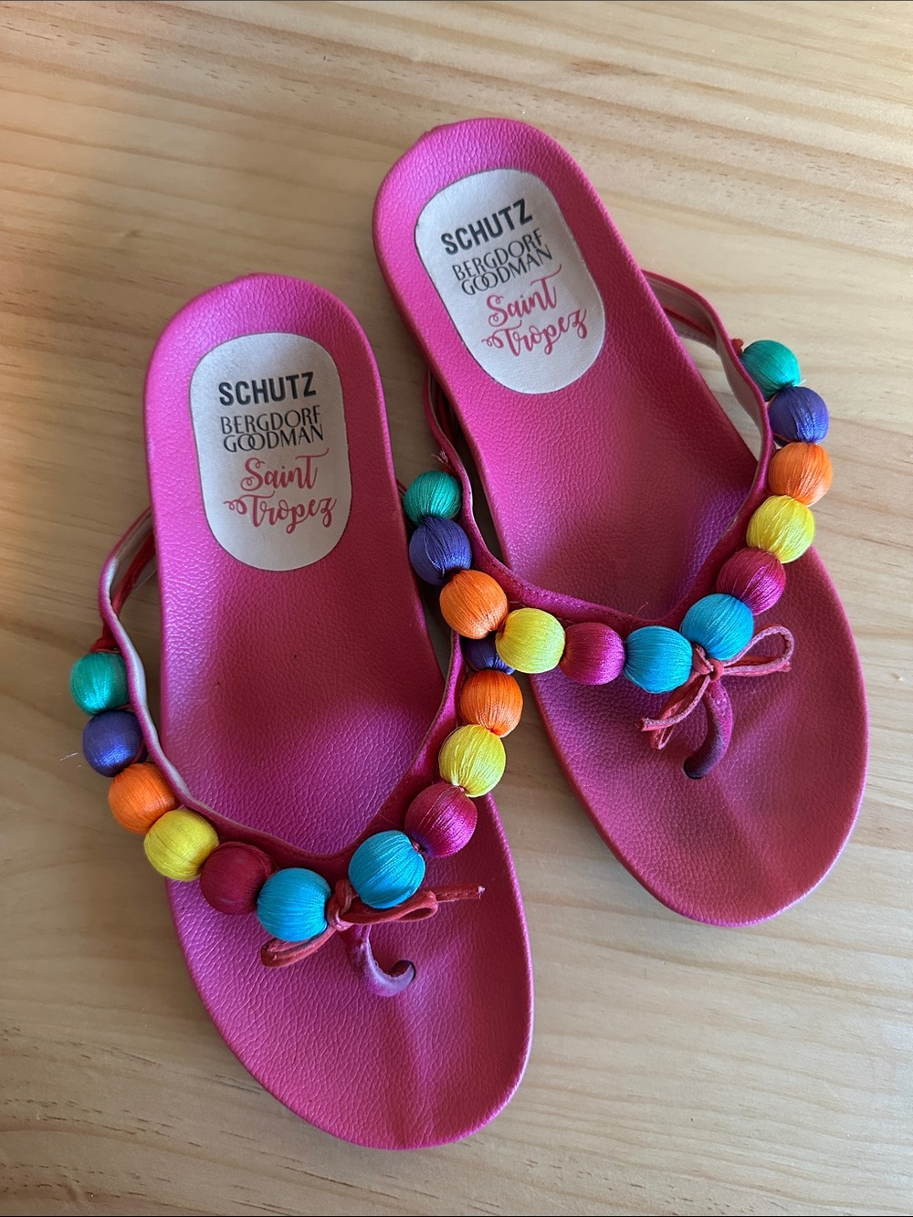 SCHUTZ Pink Beaded Slide Sandals with Rainbow Accents